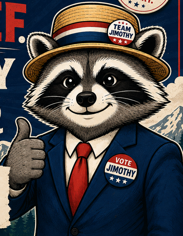 Illustrated portrait of Jimothy the raccoon in a suit jacket