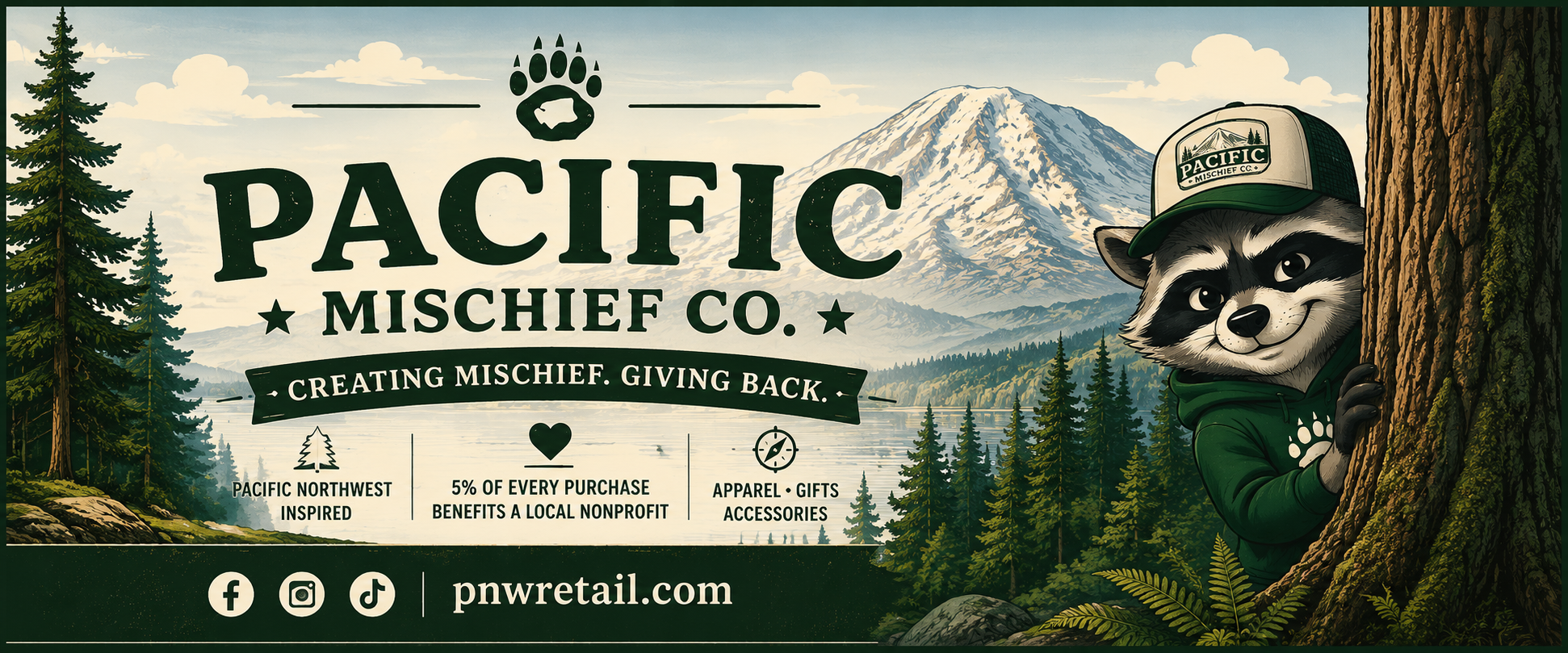 Pacific Mischief Co. storefront banner — creating mischief, giving back
